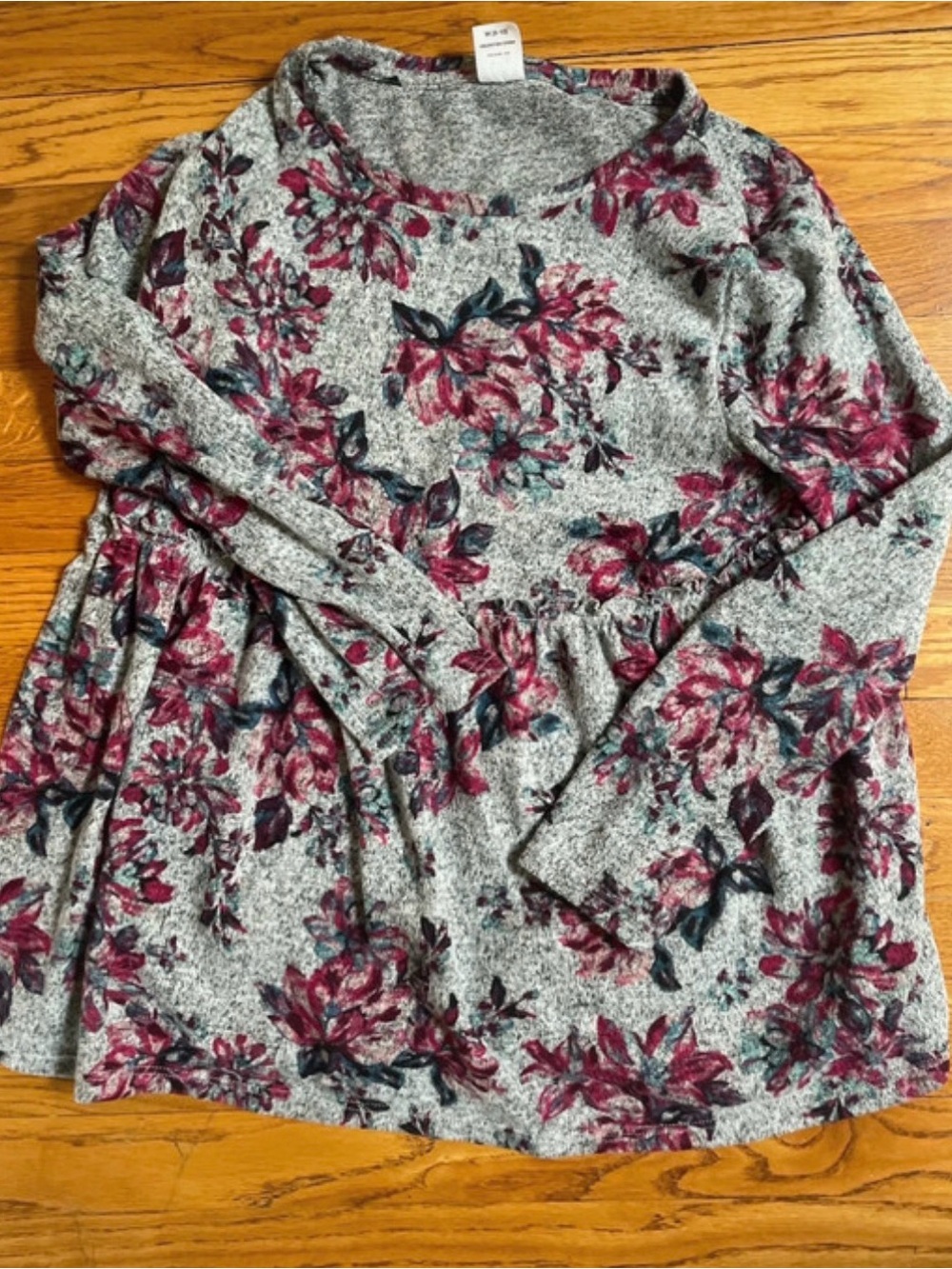 Women’s Floral Maternity Long-Sleeve Gray and Burgundy Peplum Top
